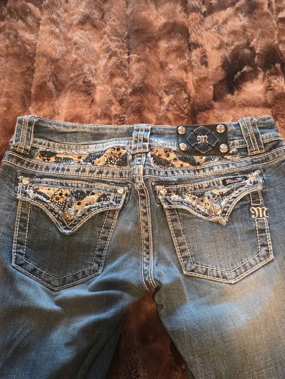 Miss Me Blue Denim Boot Cut Jeans with Embellished Leopard Trim